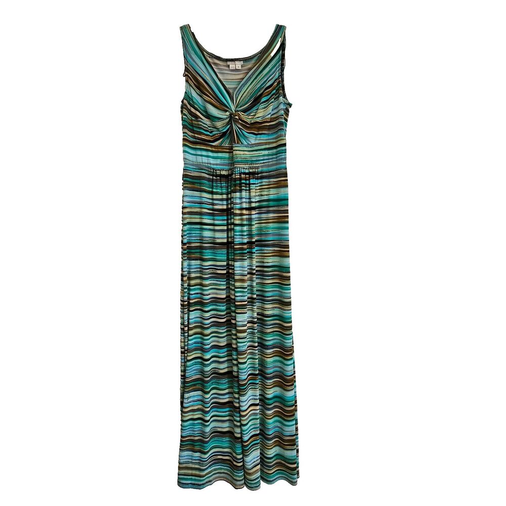 London Times Maxi Dress Womens 8 Blue Green Striped Sleeveless Twist Front
